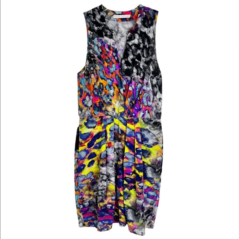 AMANDA UPRICHARD Silk Watercolor Sleeveless Pleated Animal Print Dress XS